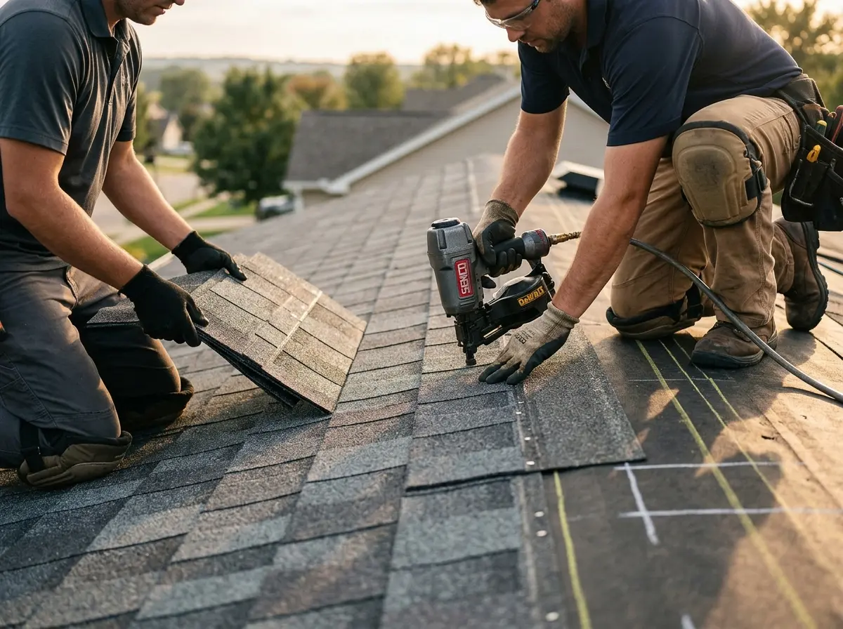 Professional roofer working on a residential roof in West Sacramento